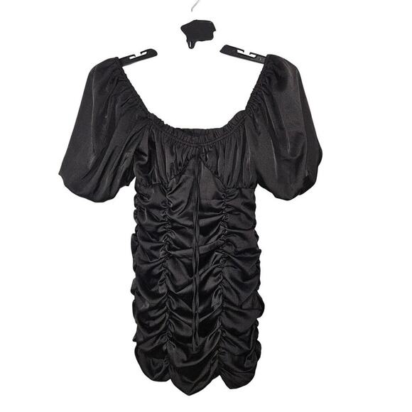 Mable Black Ruched Mini Dress Off Shoulder Puff Short Sleeves Size Small. - Picture 2 of 8